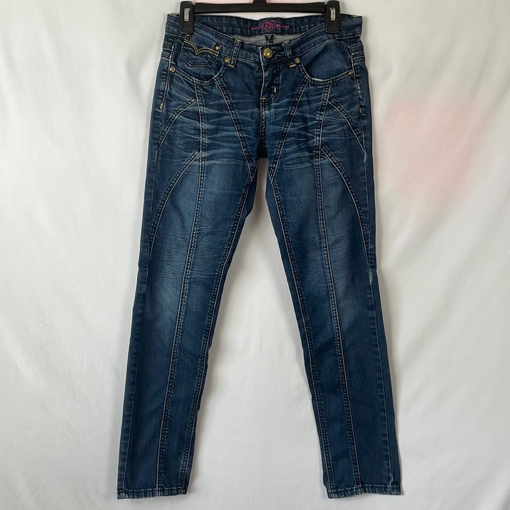 2B Bebe Med/Dark Wash Siren Skinny Jeans w/Unique Design & Gold Accents -Size 27